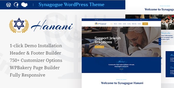 hanani jewish community synagogue wordpress theme plugin - Download WordPress Themes in One Place​