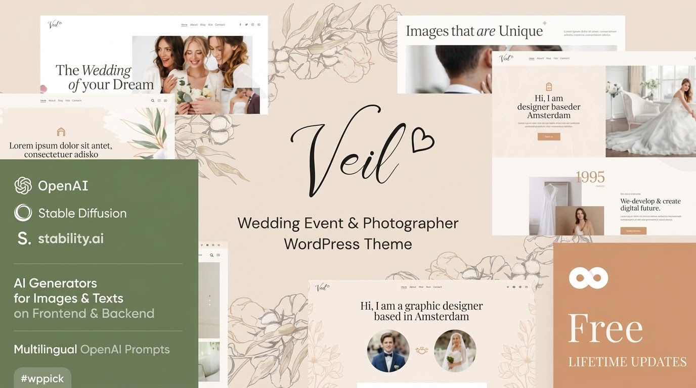 veil wedding event photographer wordpress theme feature - Download WordPress Themes in One Place​